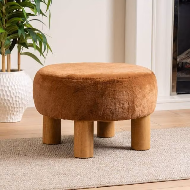 Scottish Everlastings Ltd Soft Faux Fur Round Caramel Foot Stool in Tan, W/D/H: 50 x 50 x 33 cm – 1