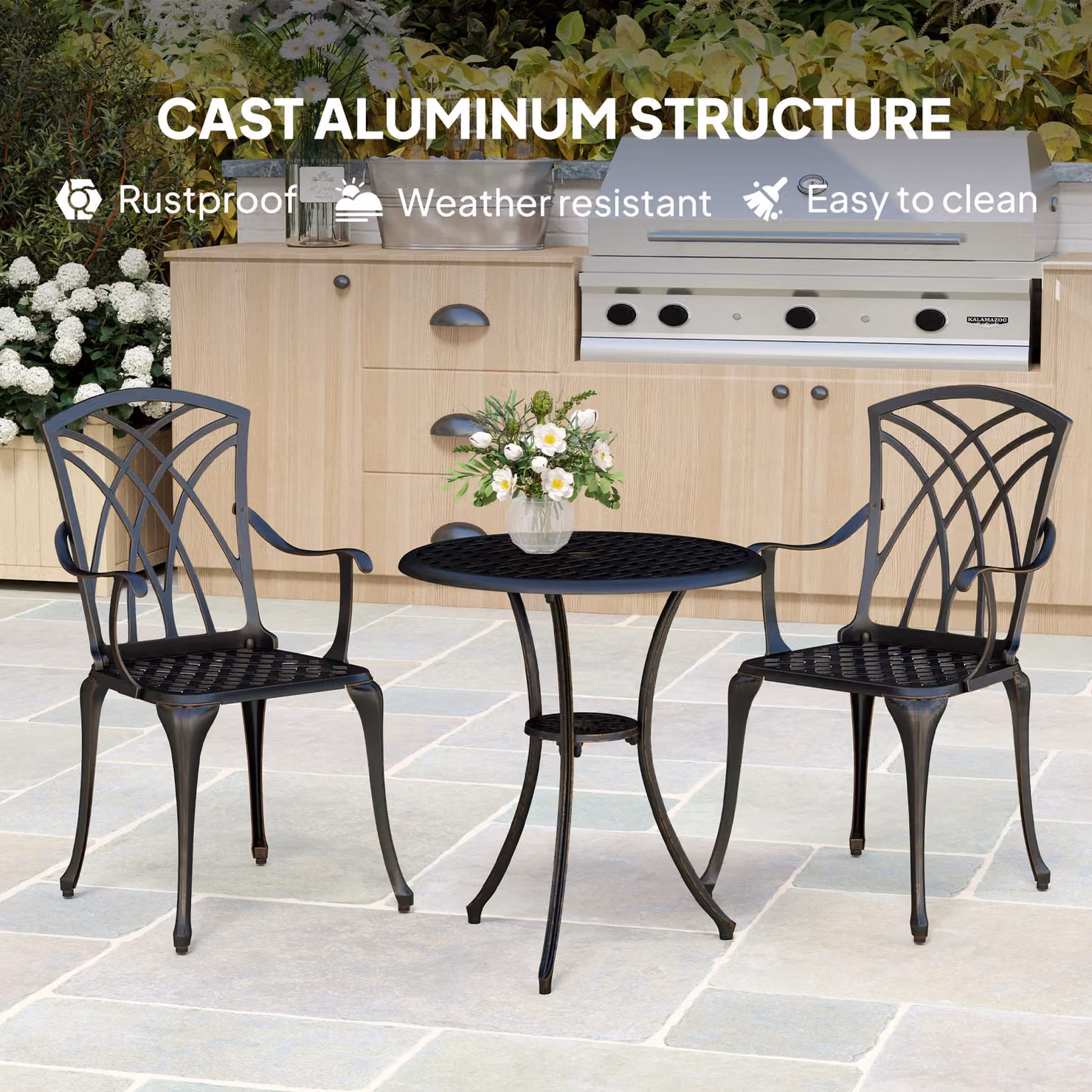 Outsunny 3 Piece Outdoor Bistro Dining Set with Round Table and 2 Armchairs in Bronze Tone – 5