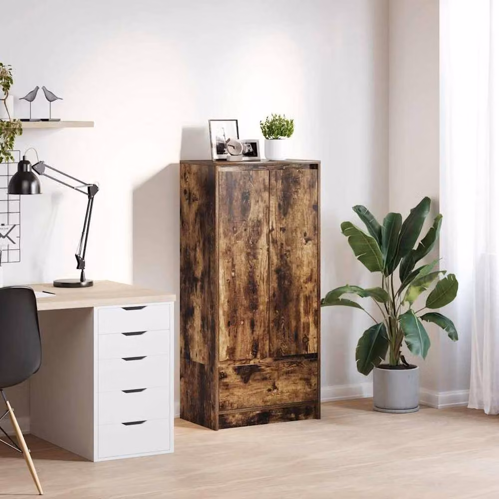 Berkfield Home Wall Mounted Cabinet with Drawer and Hinged Doors in Smoked Oak Brown, W/D/H: 55.5 x 34 x 119.5 cm – 1