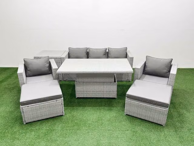 Fimous 7 Piece Rising Dining Table Set with Side Table in Light Grey Rattan, Glass and Metal