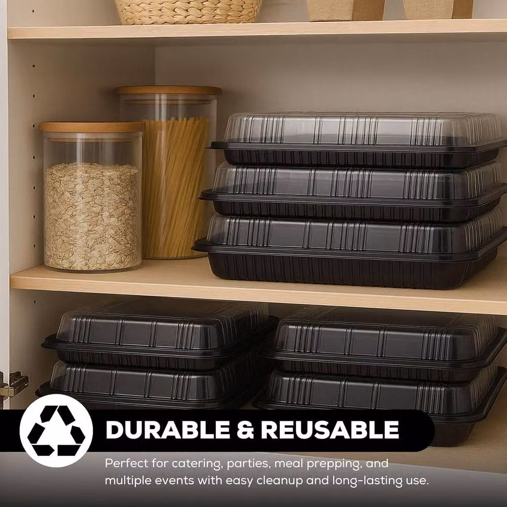 ebake 20 Pack Black Rectangular Plastic Small Serving Platter Trays with Transparent Lids – 3
