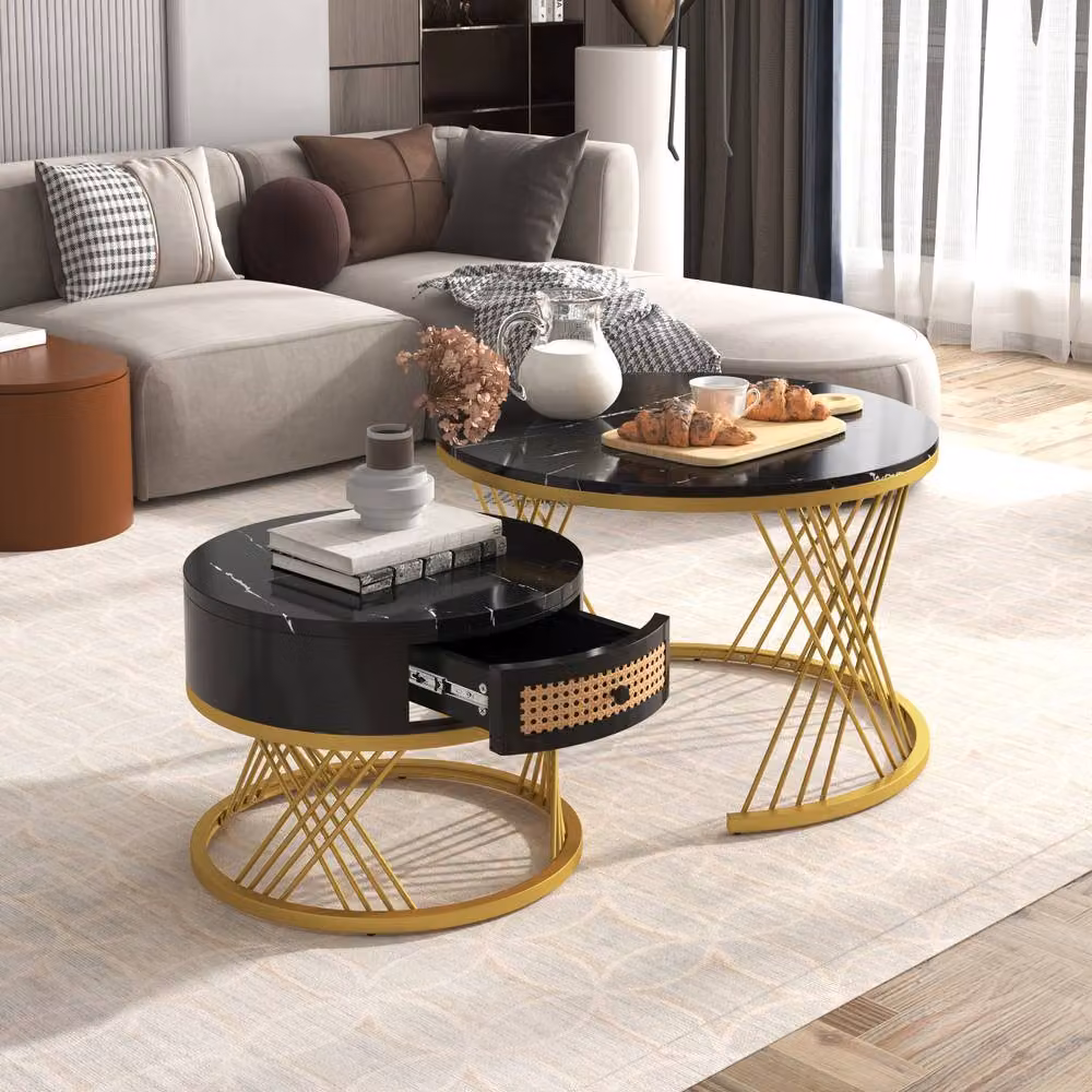 Merax 2 Piece Round Marble Effect Coffee Table Set with Drawer in Black and Gold – 7