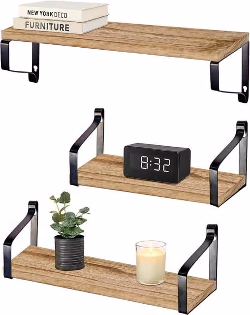 Harbour Housewares Set of 3 Rustic Brown Wooden Floating Shelves