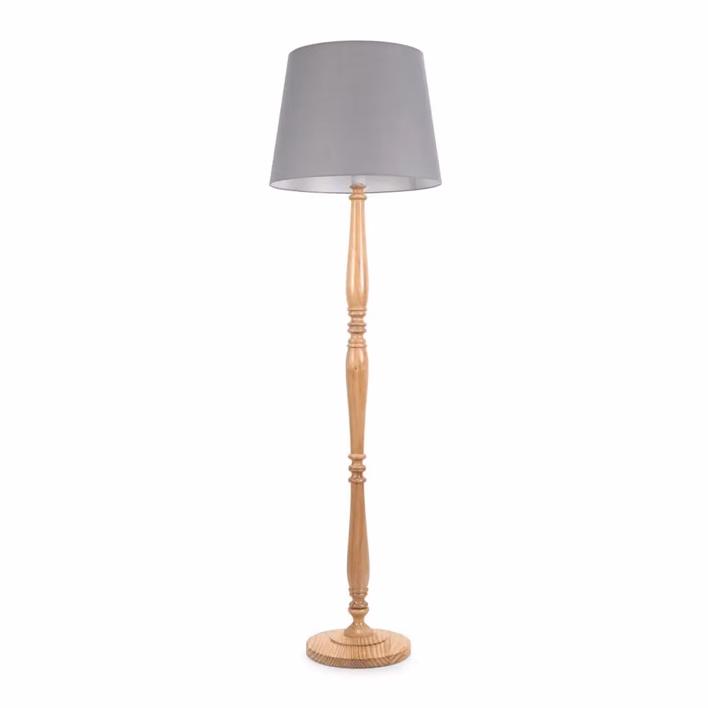 ValueLights Victoria Traditional Floor Lamp in Light Wood with Grey Fabric Tapered Shade and Bulb Included – 1