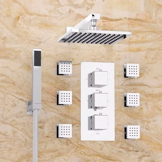 Nes Home Olive Square Shower Set with Handset and Body Jets in Silver and Chrome