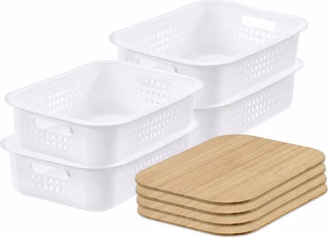 SmartStore d Stackable White Plastic Baskets with Bamboo Lids, Pack of 4 – 1