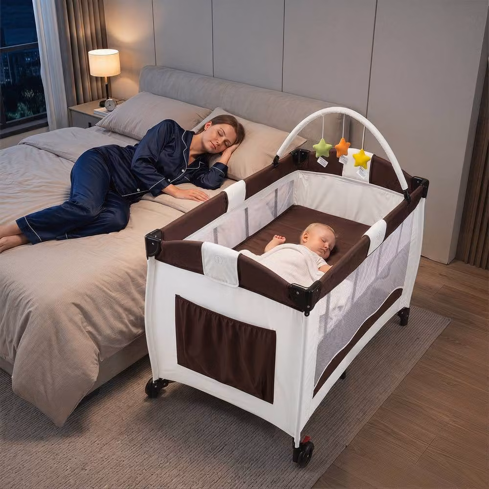 Gymax Folding Playpen in Brown with Diaper Changing Table, 2 Lockable Wheels and 3 Hanging Toys – 4