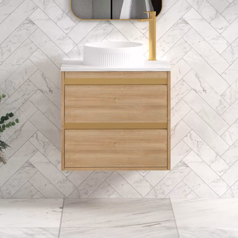 Royal Bathrooms Orion 800mm Natural Oak Wall Hung Countertop Vanity Unit with 2 Drawers, Round Basin and Brushed Brass Accent Trim