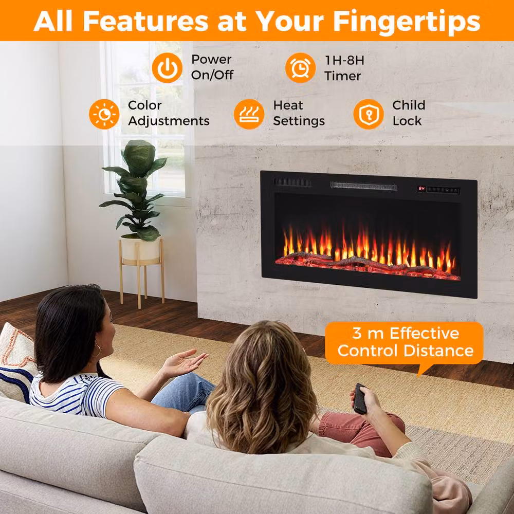 Costway Recessed 36 inch Electric Fireplace Wall Mounted Heater with Sleep Mode in Black – 6