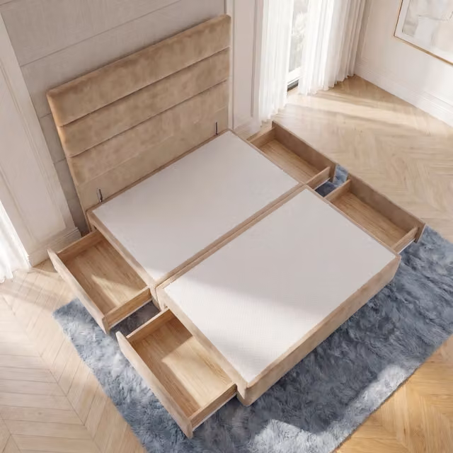 Horizona Velvet Divan Bed Base with 4 Drawers and Floor Standing Headboard, Beige, W/D/H: 140 x 200 cm