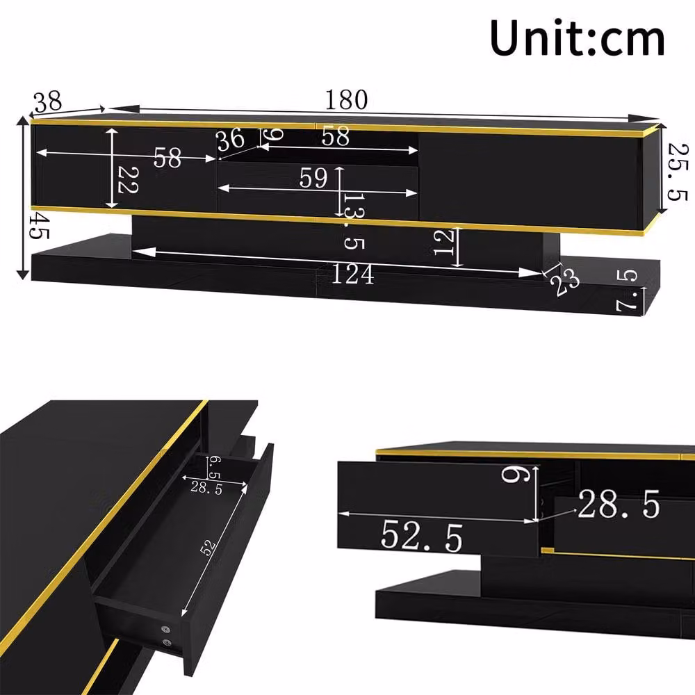 BTM Modern Glossy Black TV Cabinet with Integrated Lighting and Media Compartments, W: 180.0 cm, D: 38.0 cm, H: 45.0 cm – 4