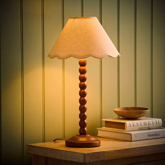 ValueLights Bobbin Walnut Table Lamp with Cream Linen Shade and Bulb