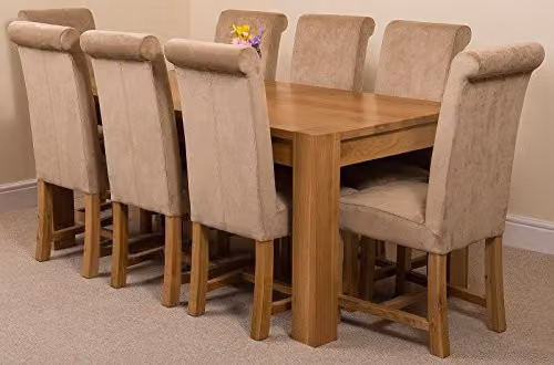 Oak Furniture King Kuba 8 Seater Solid Oak Dining Set with Washington Beige Upholstered Fabric Chairs, Natural Finish, W: 180 cm, D: 90 cm, H: 78 cm