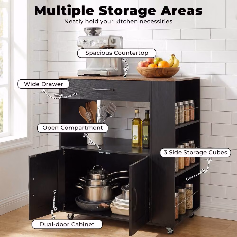 Gymax Rolling Kitchen Island Mobile Kitchen Cart Table in Black – 6
