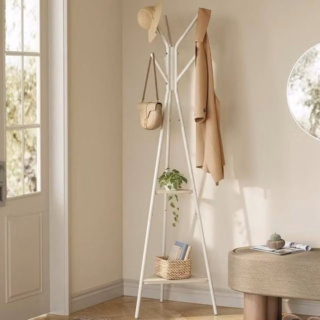 The Bazaarist Hall Tree with Bench and Hooks in Beige and White – 1
