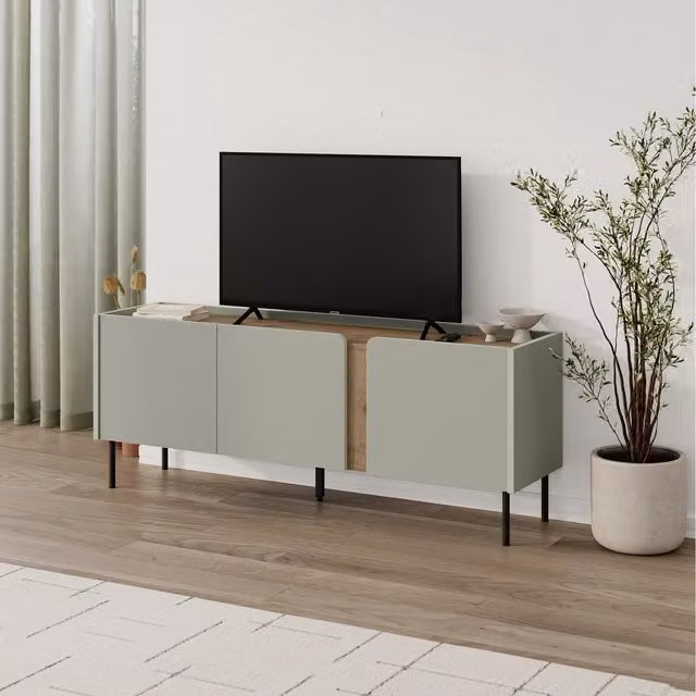 Decortie Modern TV Stand with 3 Soft-Close Doors in Natural Oak and Ash Green