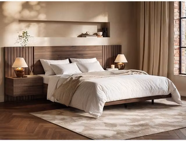 Solace+Co Tatum Modern Walnut Bed with Bedside Shelves and Side Compartments, 180 x 200 cm