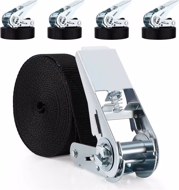 SPETLEK Set of 4 Black Ratchet Tie Down Lashing Straps, 1000kg Capacity, W/D/H: 4 x 4 m x 25 mm