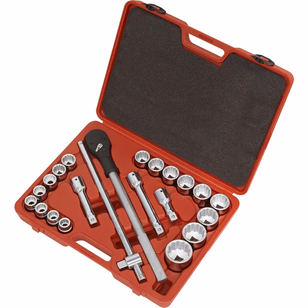 Loops 22 Piece Metric Socket Set with 3/4 Inch Square Drive, 12 Point Sockets and Ratchet Handle in Silver and Multicolour – 3