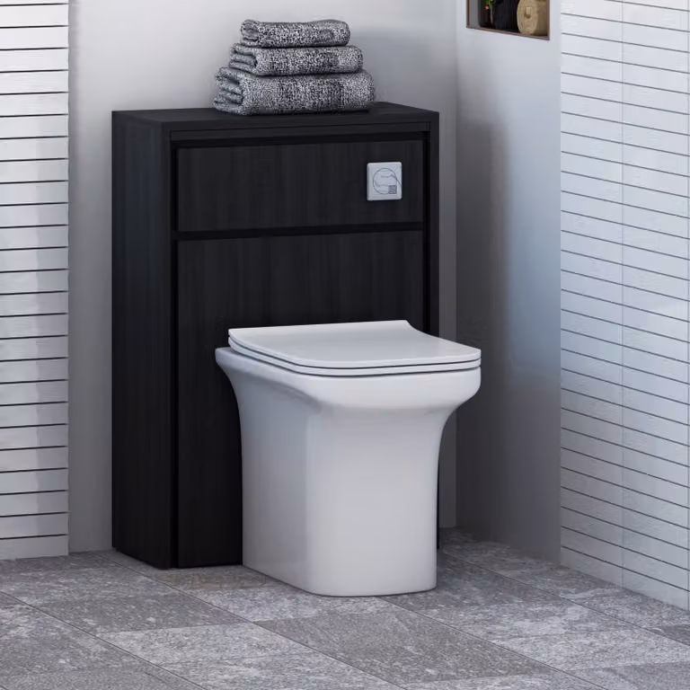 Livora Black Woodgrain Wall Mounted BTW WC Unit with Crosby Rimless Ceramic Toilet Pan, Seat and Cistern, Width: 55.5 cm