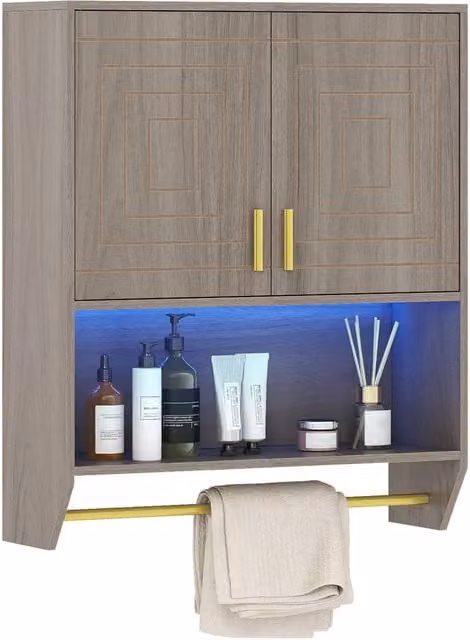Costway Wall Mounted Grey Bathroom Medicine Cabinet with Integrated LED Lighting and Internal Shelves – 1