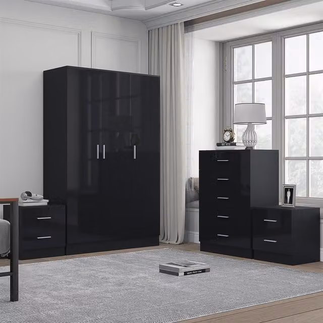 REFLECT Bedroom Furniture Bundle featuring 3-Door Plain Wardrobe, Chest of Drawers and 2 Bedside Tables in Black Gloss and Matt Black