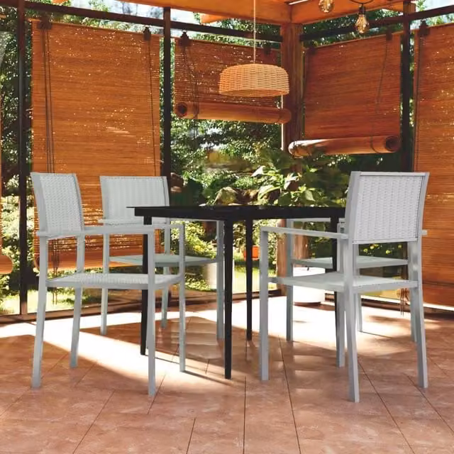 Berkfield Home 5 Piece Modern Garden Dining Set in White Powder Coated Steel with Glass Top