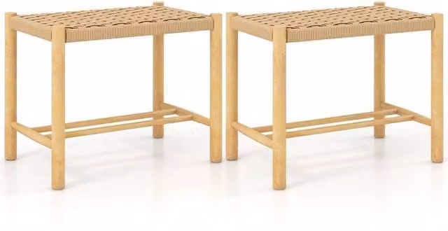 Havendro Set of 2 Counter Height Woven Seat Kitchen Bar Stools in Beige with Rubberwood and Paper Rope – 1