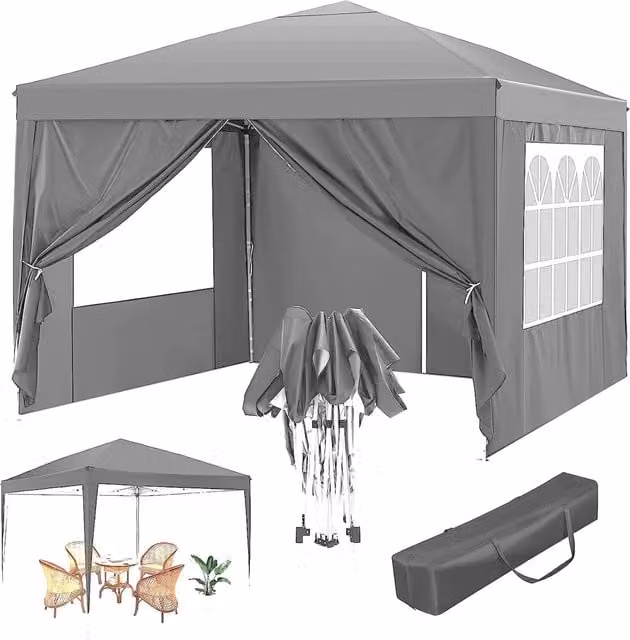 Gr8 Garden Premium Deluxe Grey Pop Up Gazebo with Sides, W: 300 cm, H: 250 cm, D: 300 cm
