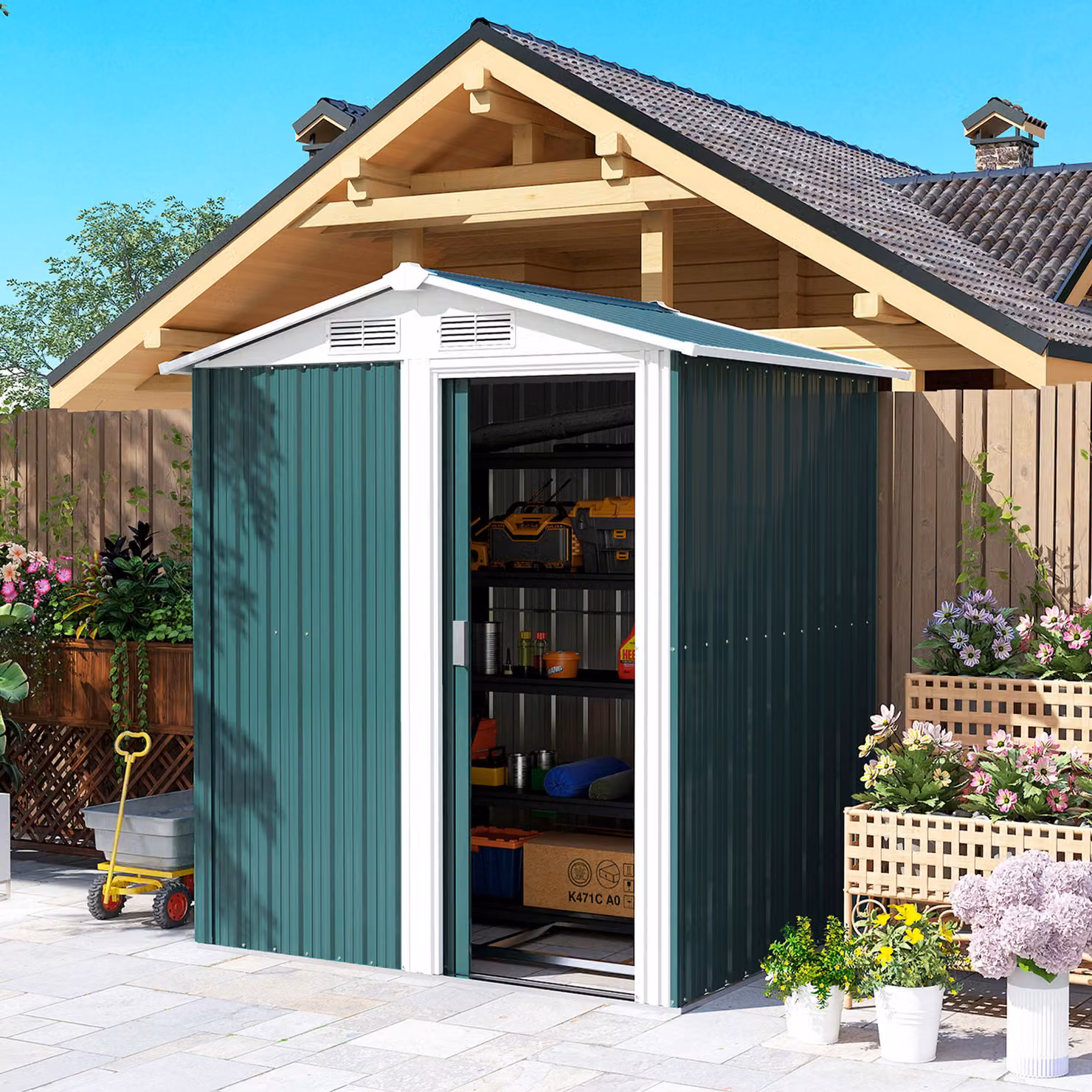 Outsunny Green Metal Garden Storage Shed with Sliding Door and Pent Roof, W: 130 cm, D: 130 cm, H: 188 cm – 5