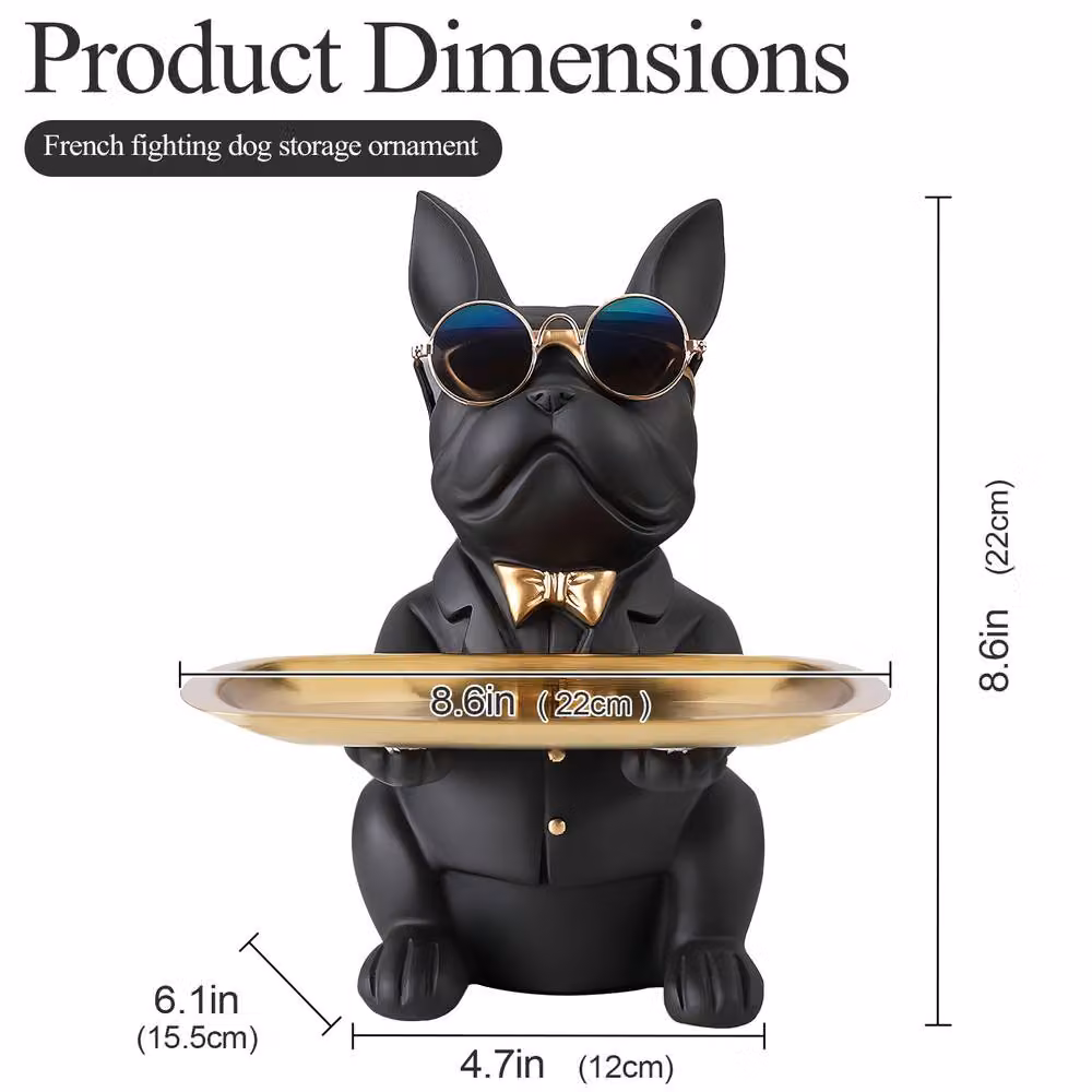 Huhote Black Resin Bulldog Statue with Tray and Candy Dish for Tabletop Decor – 2