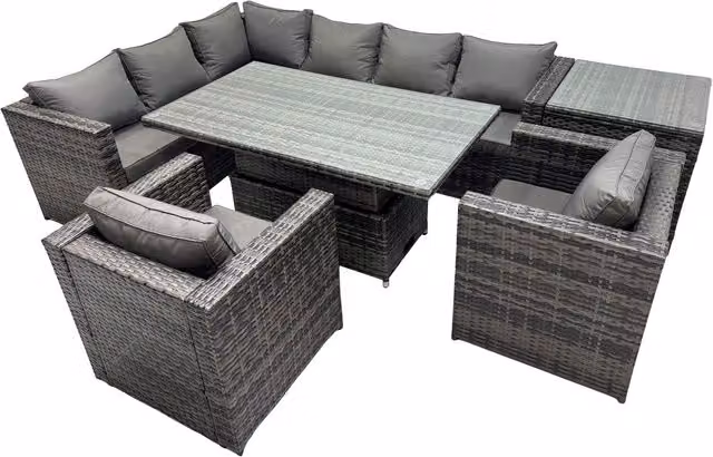 Fimous 8-Seater Rattan Corner Sofa Set with Height-Adjustable Glass Top Dining Table in Dark Grey
