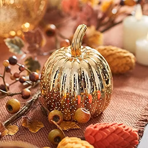 Lights4fun Set of 3 Gold and White Mottled Glass LED Light Up Pumpkins for Autumn and Halloween Decoration – 5