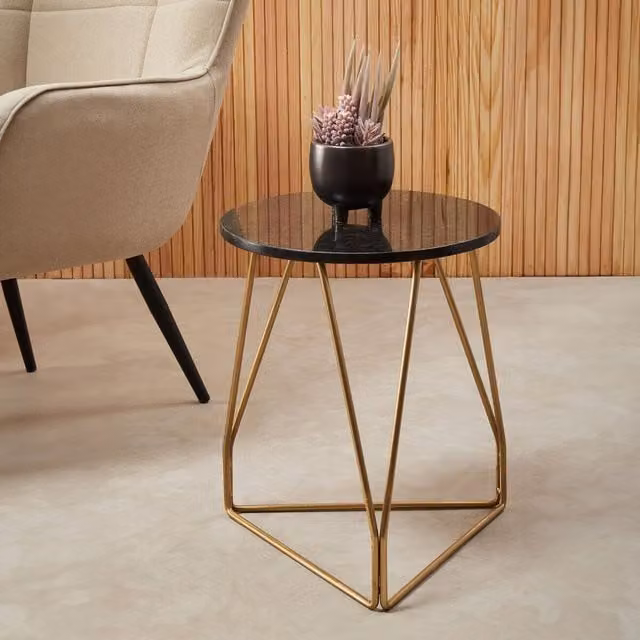 Orsina Round Side Table with Black Marble Top and Gold Geometric Sledge Base – 1