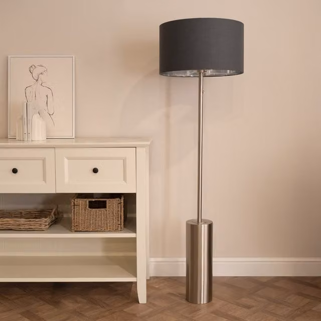 ValueLights Lexy Dimmable Chrome Floor Lamp with Grey Fabric Cylinder Shade