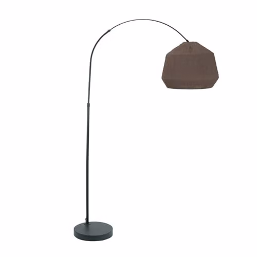 ValueLights Louis Black Metal Arched Floor Lamp with Brown Rattan Rope Shade