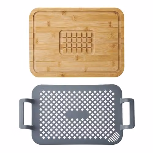 MasterClass 2 Piece Roast and Rest Set in Grey, Heat Resistant Silicone and Wood Roasting Rack with Resting Board