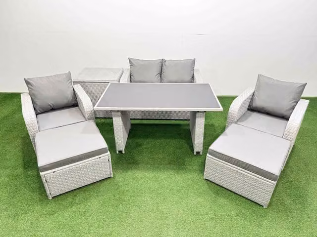 Fimous 6-Seater Outdoor Rattan Garden Furniture Dining Set with Side Table in Light Grey