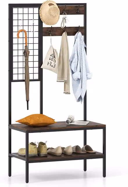 Gymax Industrial Hall Tree with Shoe Bench and Wall Grid Panel in Brown