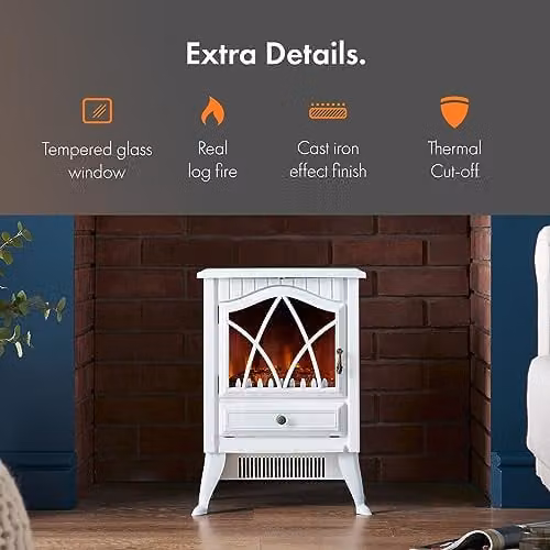 VonHaus 1800W Electric Stove Heater in White with Glass Detail – 4
