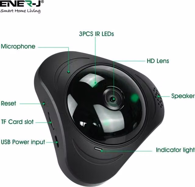EnerJ Smart WiFi VR 360 Panoramic IP Security Camera for Home and Office, Black