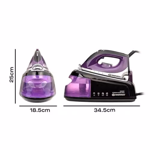 Daewoo 2400W Electric Steam Generator Iron with 1.2L Detachable Water Tank and Ceramic Soleplate in Purple or Black – 5