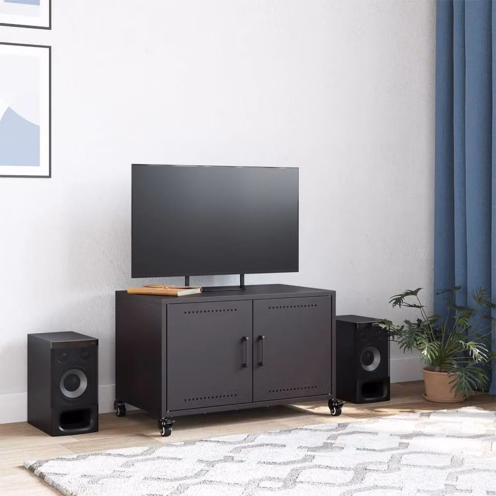 Berkfield Home Black Steel TV Cabinet with Hinged Doors, W: 68 cm, D: 39 cm, H: 43.5 cm – 2