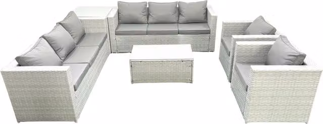 Fimous Modern L-Shape Outdoor Rattan Garden Furniture Set in Light Grey with Upholstered Cushions, Coffee Table and Side Table