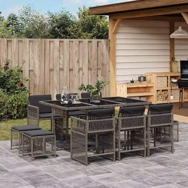 Berkfield Home 11 Piece Grey Poly Rattan Garden Dining Set with Cushions and Glass Top