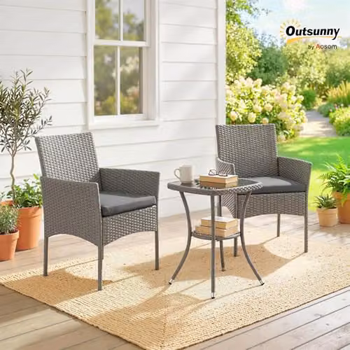 Outsunny 3 Piece Rattan Bistro Set in Grey with Glass-Top Coffee Table and Armchairs – 2