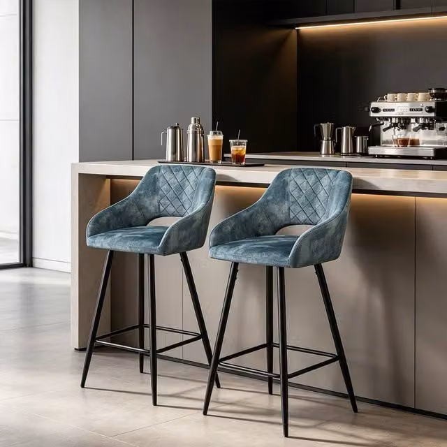 ERGOVEXA Statement Velvet Counter Bar Stools, Set of 2, Blue