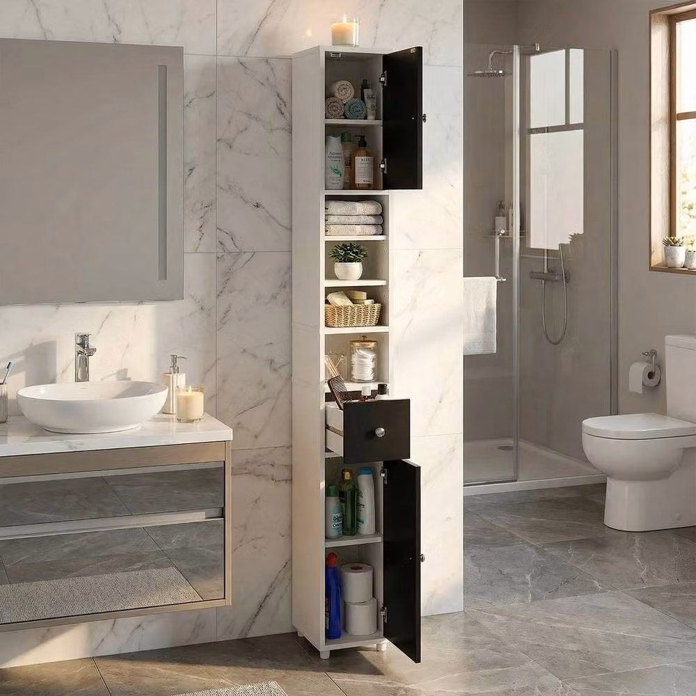 FORGEVIO Slim Tall Bathroom Storage Cabinet with Drawer and Open Shelf in White, Grey or Silver – 3