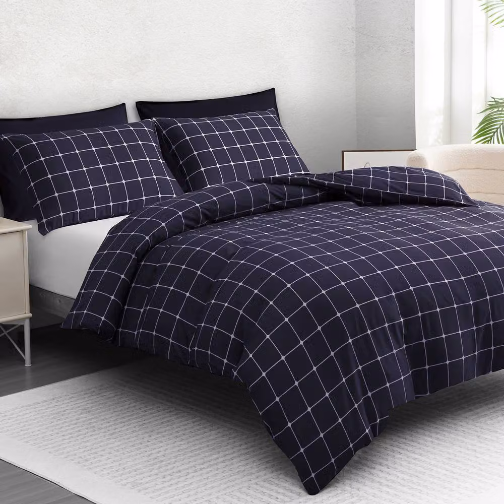 Pamposh Blue Checked Microfibre Duvet Cover and Pillowcase Set – 2