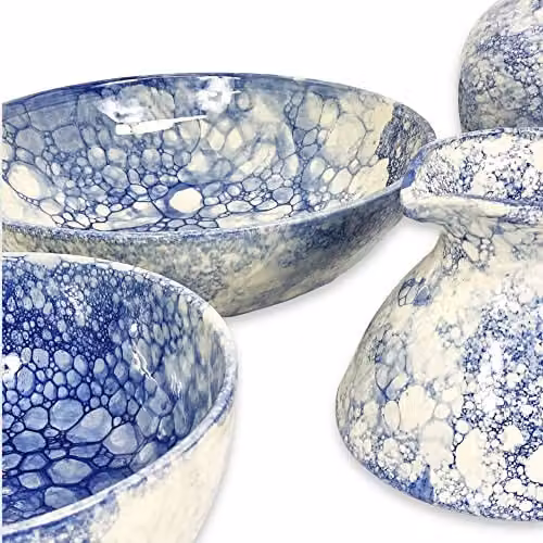Verano Spanish Ceramics Burbujas Large Round Ceramic Serving Bowl in Blue and White, Diameter: 31 cm – 5